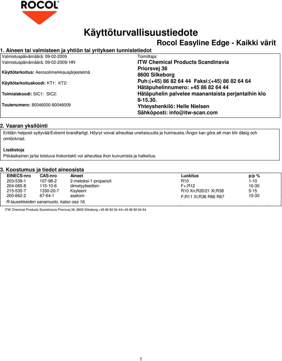 Vaaran yksilöinti Käyttöturvallisuustiedote Toimittaja: ITW Chemical Products Scandinavia Priorsvej 36 8600 Silkeborg Puh:(+45) 86 82 64 44 Faksi:(+45) 86 82 64 64 Hätäpuhelinnumero: +45 86 82 64 44