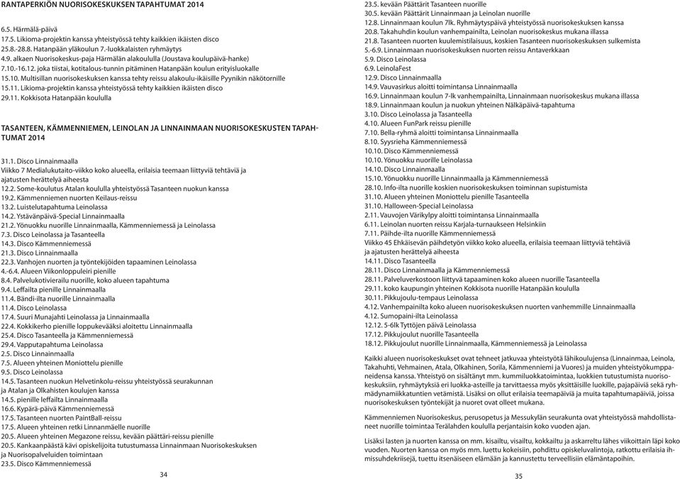 11. Likioma-projektin kanssa yhteistyössä tehty kaikkien ikäisten disco 29.11. Kokkisota Hatanpään koululla TASANTEEN, KÄMMENNIEMEN, LEINOLAN JA LINNAINMAAN NUORISOKESKUSTEN TAPAH- TUMAT 2014 31.1. Disco Linnainmaalla Viikko 7 Medialukutaito-viikko koko alueella, erilaisia teemaan liittyviä tehtäviä ja ajatusten herättelyä aiheesta 12.