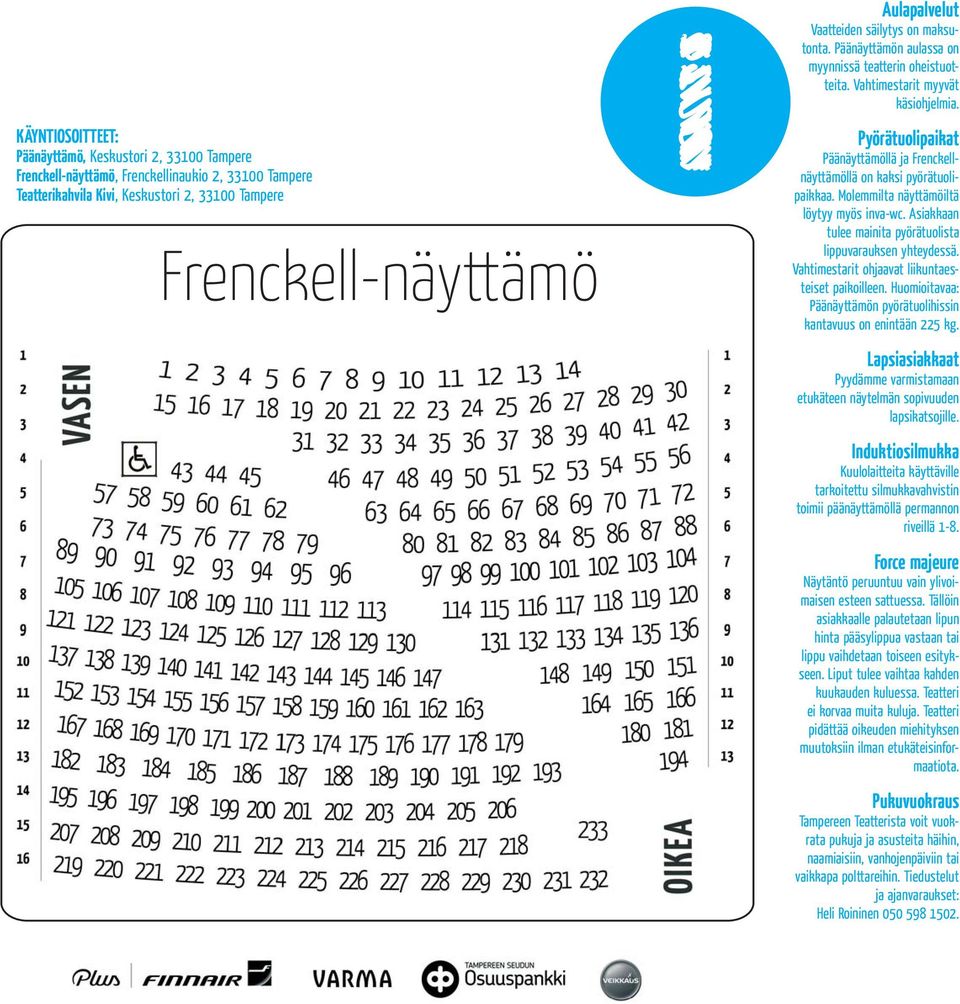 Päänäyttämöllä ja Frenckellnäyttämöllä on kaksi pyörätuolipaikkaa. Molemmilta näyttämöiltä löytyy myös inva-wc. Asiakkaan tulee mainita pyörätuolista lippuvarauksen yhteydessä.