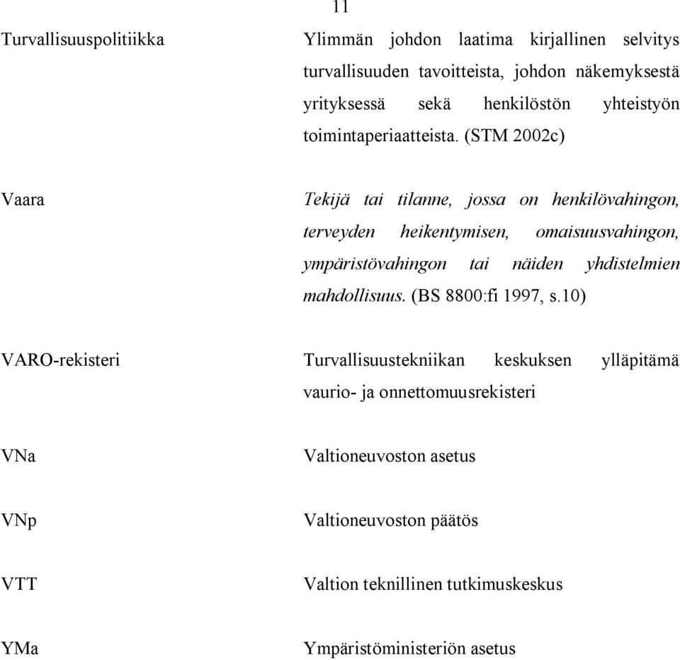 (STM 2002c) Vaara Tekijä tai tilanne, jossa on henkilövahingon, terveyden heikentymisen, omaisuusvahingon, ympäristövahingon tai näiden