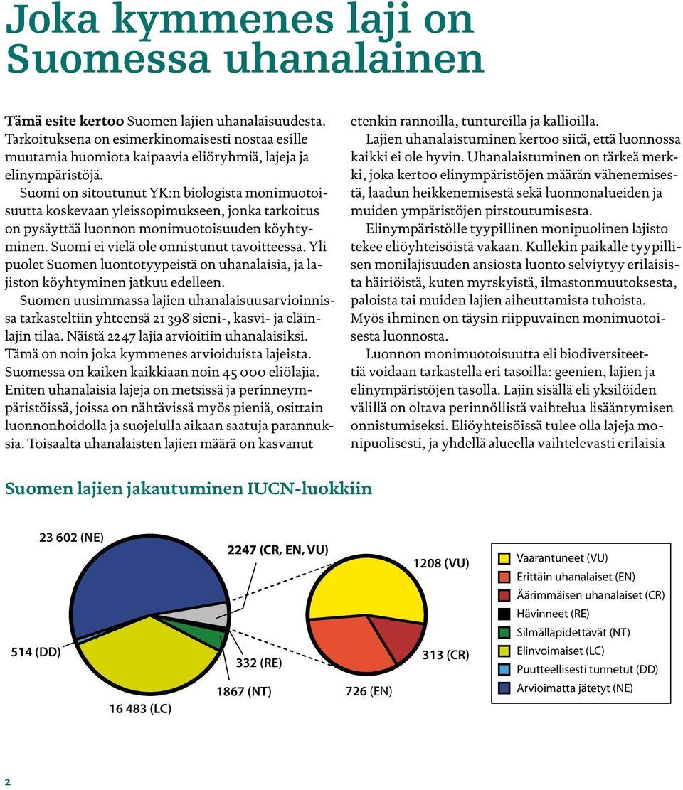 Suomi on sitoutunut YK:n biologista monimuotoisuutta koskevaan yleissopimukseen, jonka tarkoitus on pysäyttää luonnon monimuotoisuuden köyhtyminen. Suomi ei vielä ole onnistunut tavoitteessa.