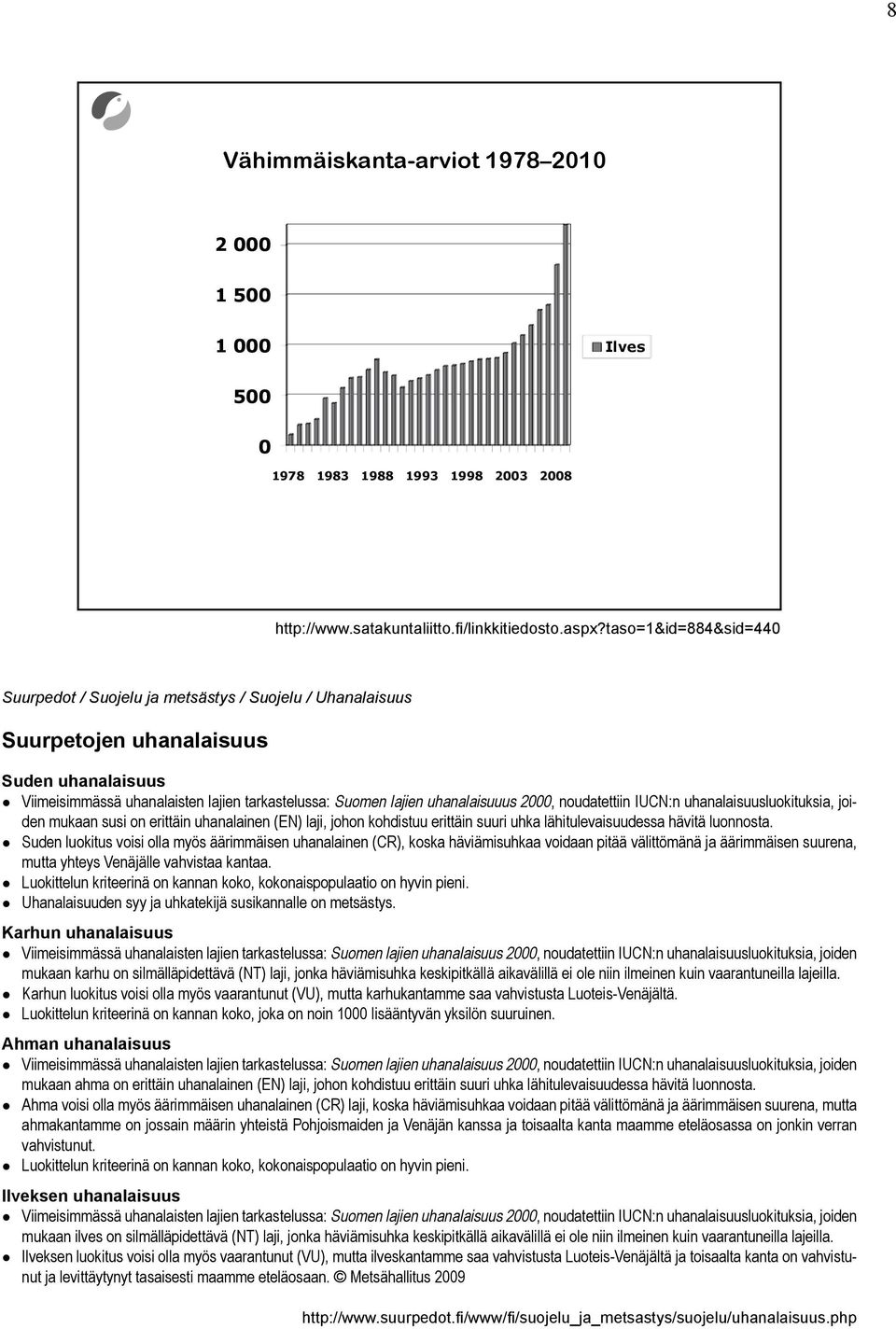 uhanalaisuuus 2000, noudatettiin IUCN:n uhanalaisuusluokituksia, joiden mukaan susi on erittäin uhanalainen (EN) laji, johon kohdistuu erittäin suuri uhka lähitulevaisuudessa hävitä luonnosta.