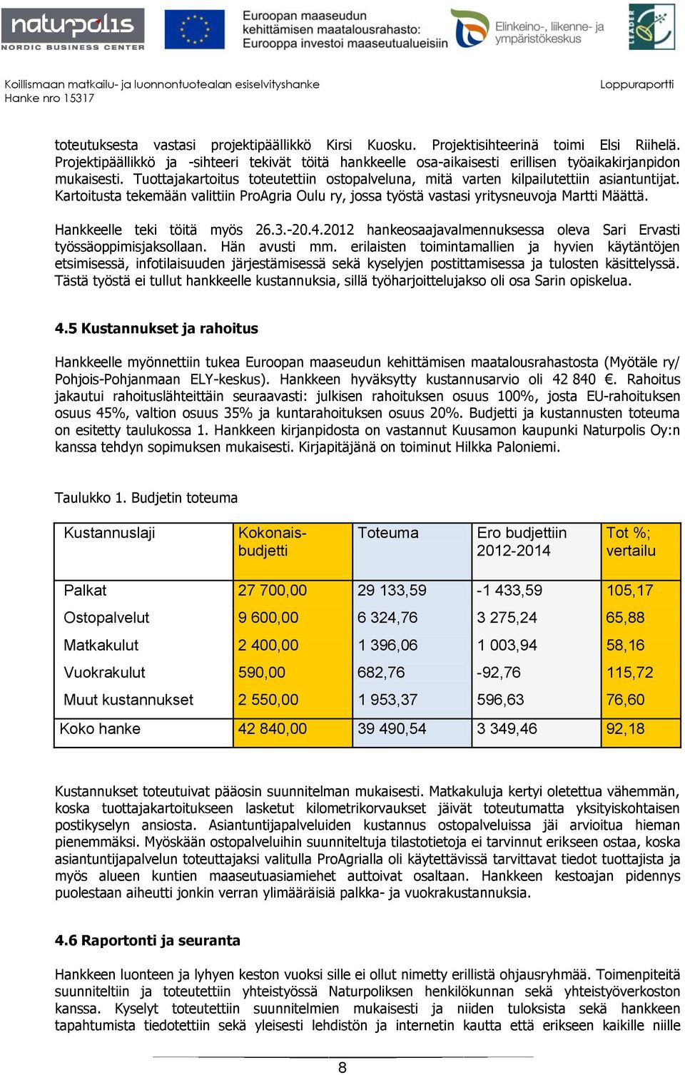 Kartoitusta tekemään valittiin ProAgria Oulu ry, jossa työstä vastasi yritysneuvoja Martti Määttä. Hankkeelle teki töitä myös 26.3.-20.4.