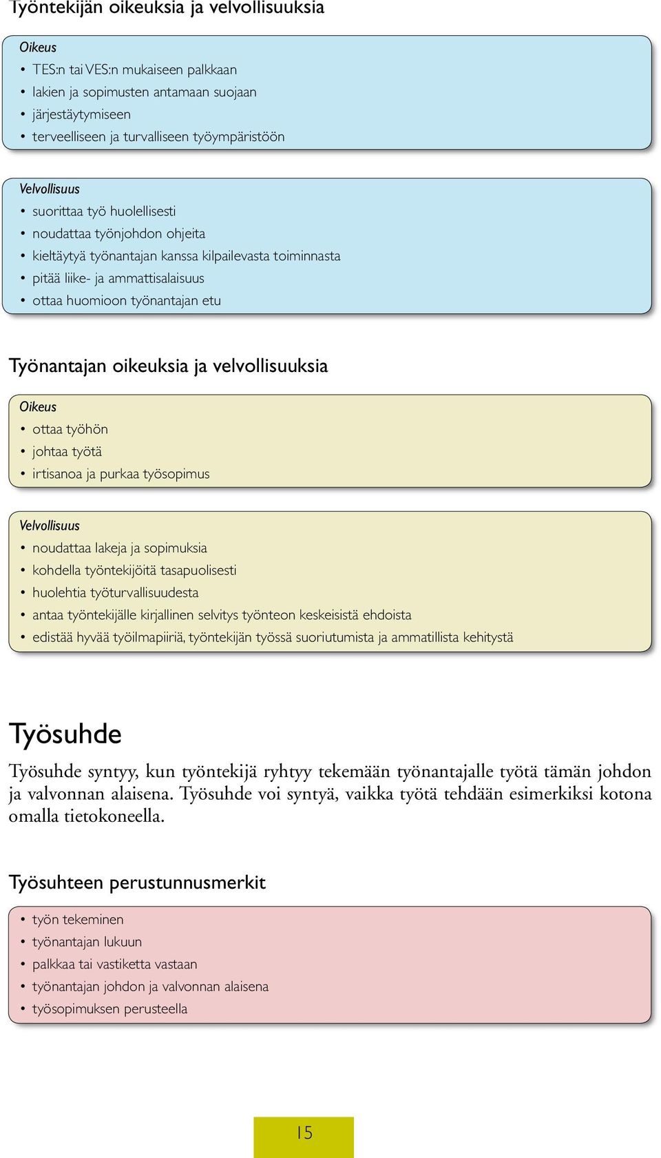 ja velvollisuuksia Oikeus ottaa työhön johtaa työtä irtisanoa ja purkaa työsopimus Velvollisuus noudattaa lakeja ja sopimuksia kohdella työntekijöitä tasapuolisesti huolehtia työturvallisuudesta