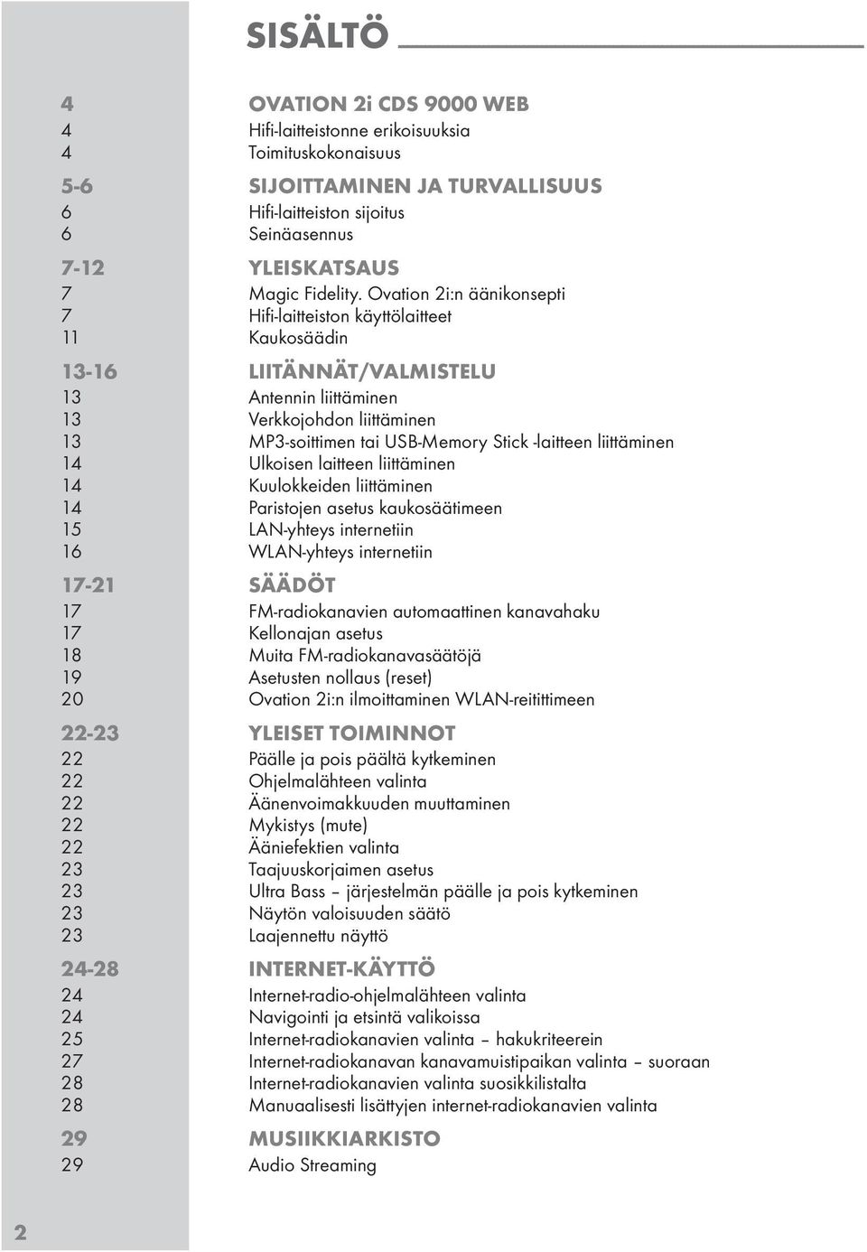 Ovation 2i:n äänikonsepti 7 Hifi-laitteiston käyttölaitteet 11 Kaukosäädin 13-16 LIITÄNNÄT/VALMISTELU 13 Antennin liittäminen 13 Verkkojohdon liittäminen 13 MP3-soittimen tai USB-Memory Stick