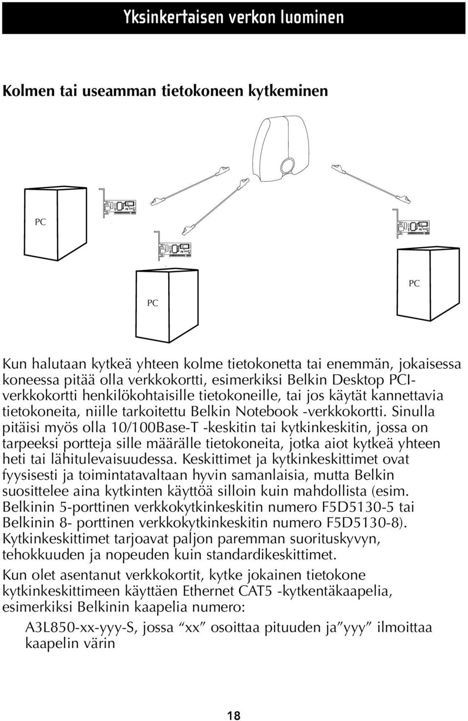 Sinulla pitäisi myös olla 10/100Base-T -keskitin tai kytkinkeskitin, jossa on tarpeeksi portteja sille määrälle tietokoneita, jotka aiot kytkeä yhteen heti tai lähitulevaisuudessa.