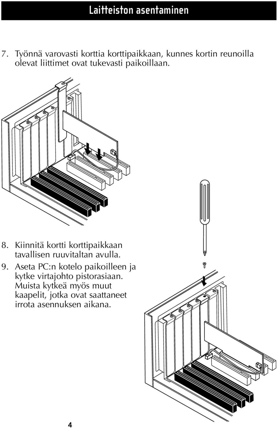 tukevasti paikoillaan. 8. Kiinnitä kortti korttipaikkaan tavallisen ruuvitaltan avulla.