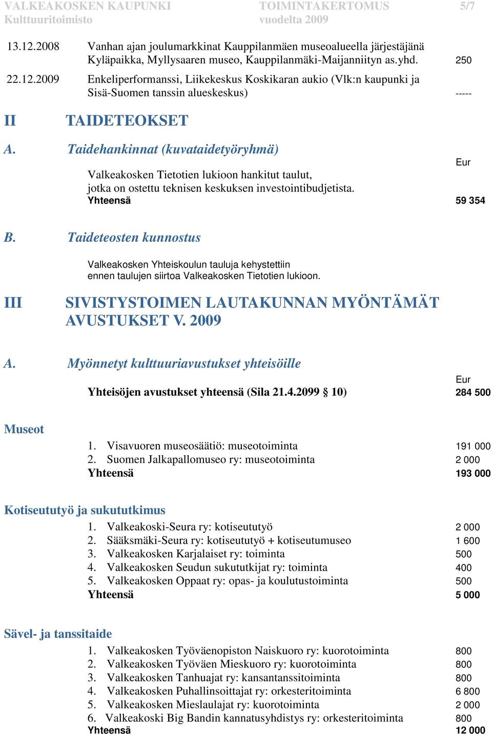 Taideteosten kunnostus Valkeakosken Yhteiskoulun tauluja kehystettiin ennen taulujen siirtoa Valkeakosken Tietotien lukioon. III SIVISTYSTOIMEN LAUTAKUNNAN MYÖNTÄMÄT AVUSTUKSET V. 2009 A.