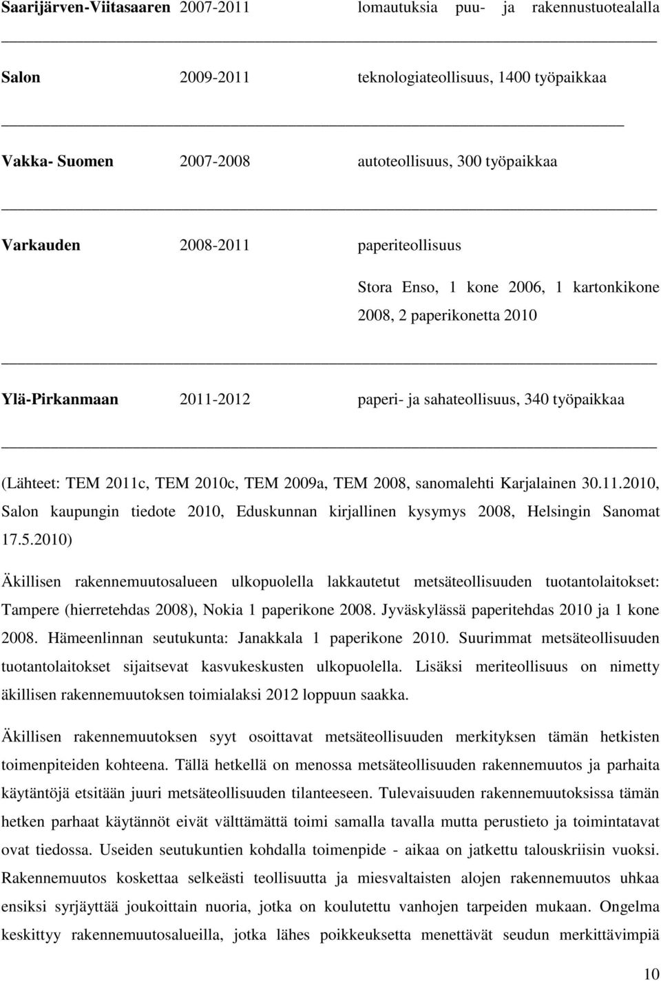 2009a, TEM 2008, sanomalehti Karjalainen 30.11.2010, Salon kaupungin tiedote 2010, Eduskunnan kirjallinen kysymys 2008, Helsingin Sanomat 17.5.