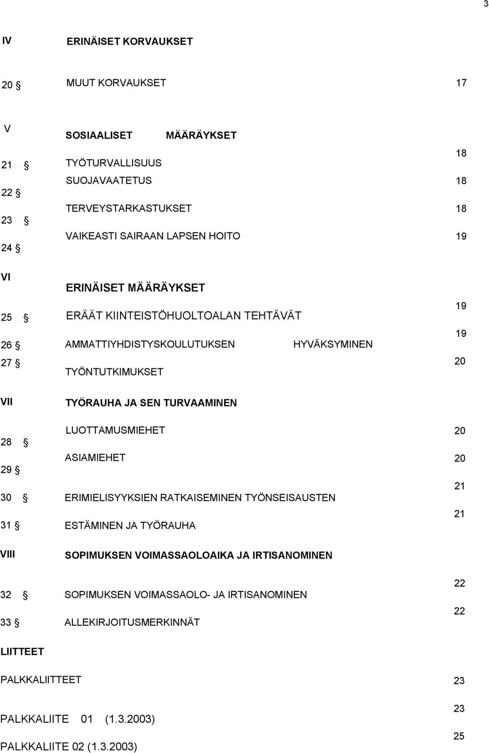 SEN TURVAAMINEN 28 29 30 31 LUOTTAMUSMIEHET 20 ASIAMIEHET 20 21 ERIMIELISYYKSIEN RATKAISEMINEN TYÖNSEISAUSTEN 21 ESTÄMINEN JA TYÖRAUHA VIII SOPIMUKSEN VOIMASSAOLOAIKA