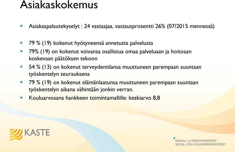 (13) on kokenut terveydentilansa muuttuneen parempaan suuntaan työskentelyn seurauksena 79 % (19) on kokenut elämänlaatunsa