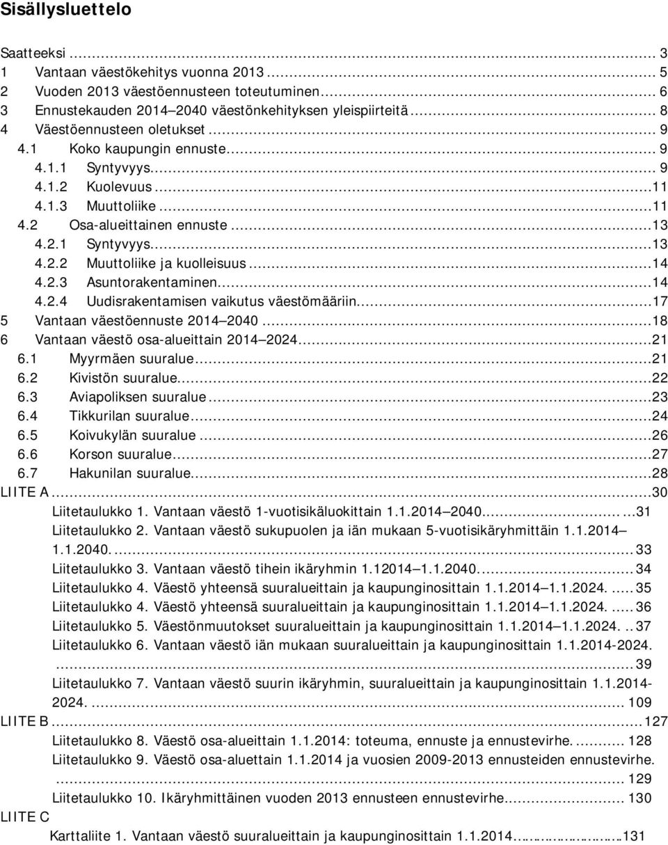 ..14 4.2.3 Asuntorakentaminen...14 4.2.4 Uudisrakentamisen vaikutus väestömääriin...17 5 Vantaan väestöennuste 2014 2040...18 6 Vantaan väestö osa-alueittain 2014 2024...21 6.1 Myyrmäen suuralue...21 6.2 Kivistön suuralue.