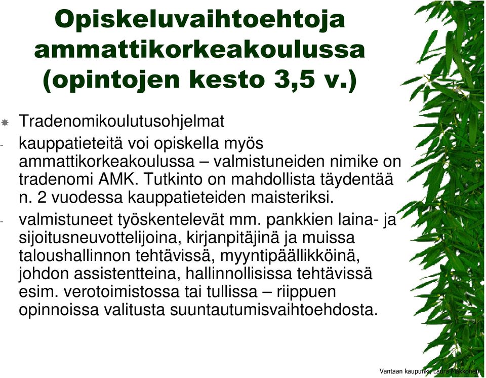 Tutkinto on mahdollista täydentää n. 2 vuodessa kauppatieteiden maisteriksi. - valmistuneet työskentelevät mm.