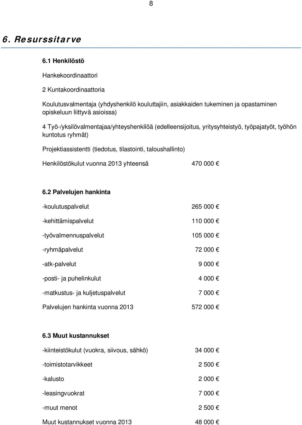 Työ-/yksilövalmentajaa/yhteyshenkilöä (edelleensijoitus, yritysyhteistyö, työpajatyöt, työhön kuntotus ryhmät) Projektiassistentti (tiedotus, tilastointi, taloushallinto) Henkilöstökulut vuonna 2013