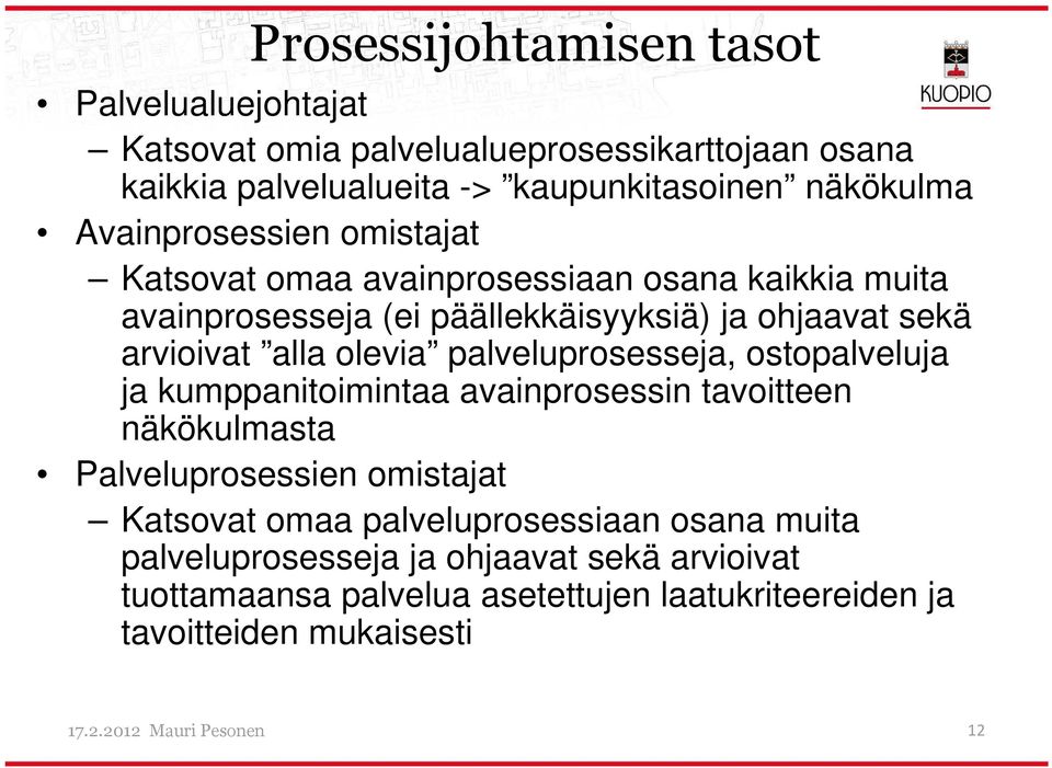 palveluprosesse, ostopalvelu kumppanitoimintaa avainprosessin tavoitteen näkökulmasta Palveluprosessien omistat Katsovat omaa