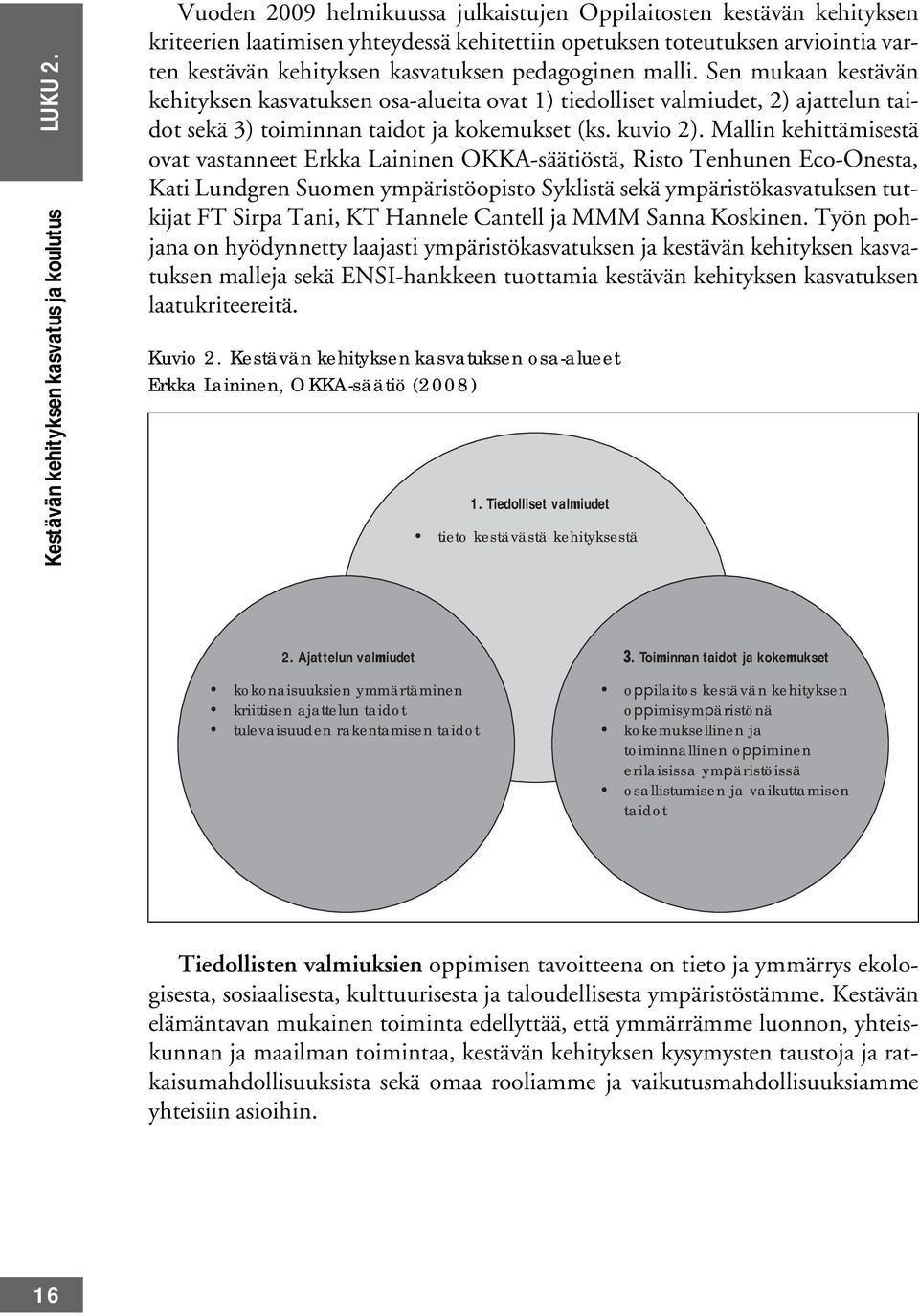 kestävän kehityksen kasvatuksen pedagoginen malli. Sen mukaan kestävän kehityksen kasvatuksen osa-alueita ovat 1) tiedolliset valmiudet, 2) ajattelun taidot sekä 3) toiminnan taidot ja kokemukset (ks.