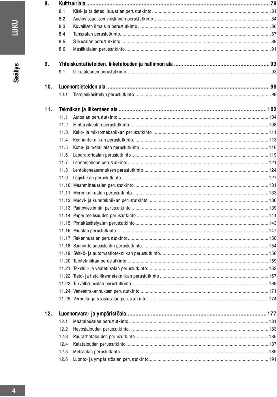 ..93 10. Luonnontieteiden ala...98 10.1 Tietojenkäsittelyn perustutkinto...98 11. Tekniikan ja liikenteen ala...102 11.1 Autoalan perustutkinto...104 11.2 Elintarvikealan perustutkinto...108 11.