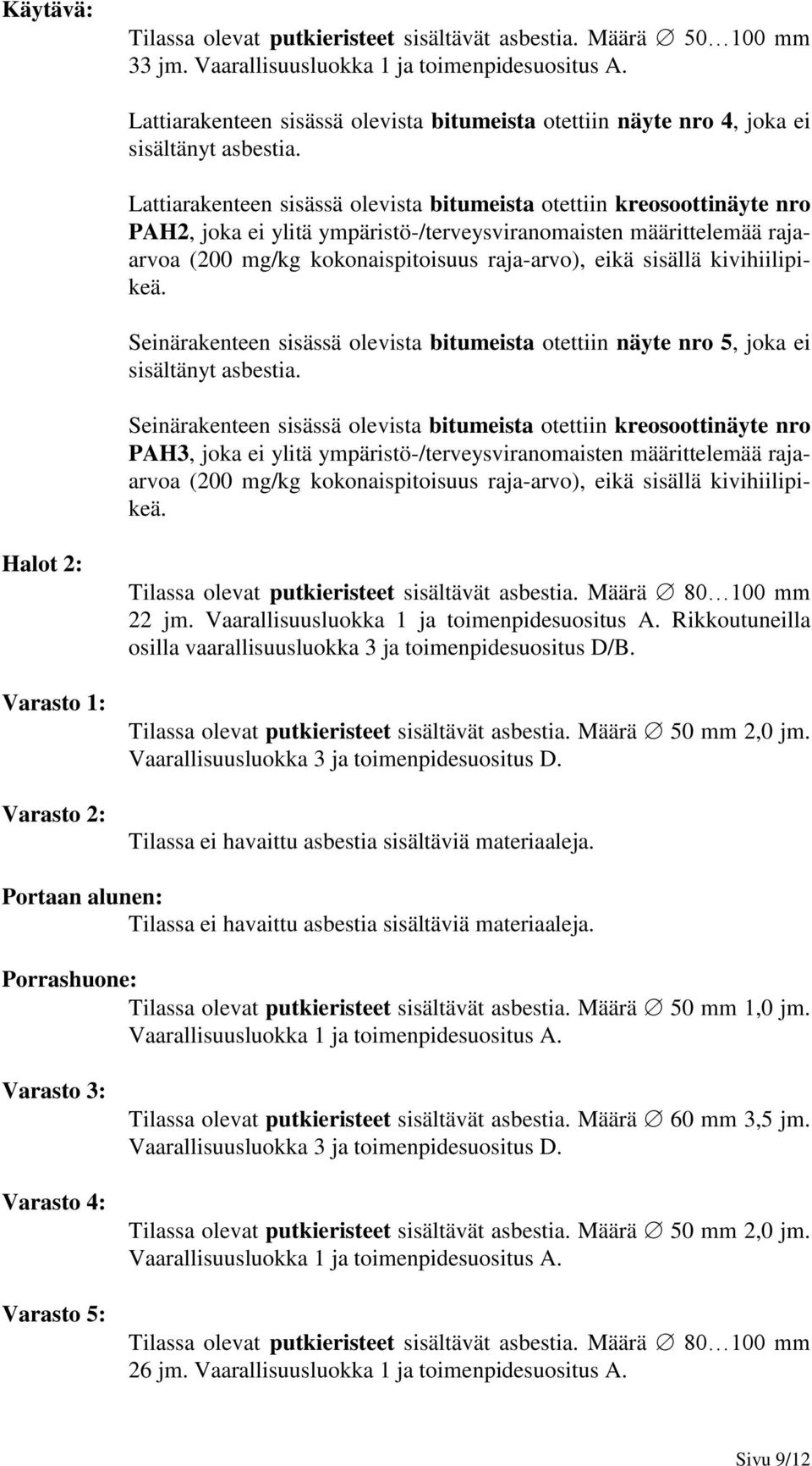 Lattiarakenteen sisässä olevista bitumeista otettiin kreosoottinäyte nro PAH2, joka ei ylitä ympäristö-/terveysviranomaisten määrittelemää rajaarvoa (200 mg/kg kokonaispitoisuus raja-arvo), eikä