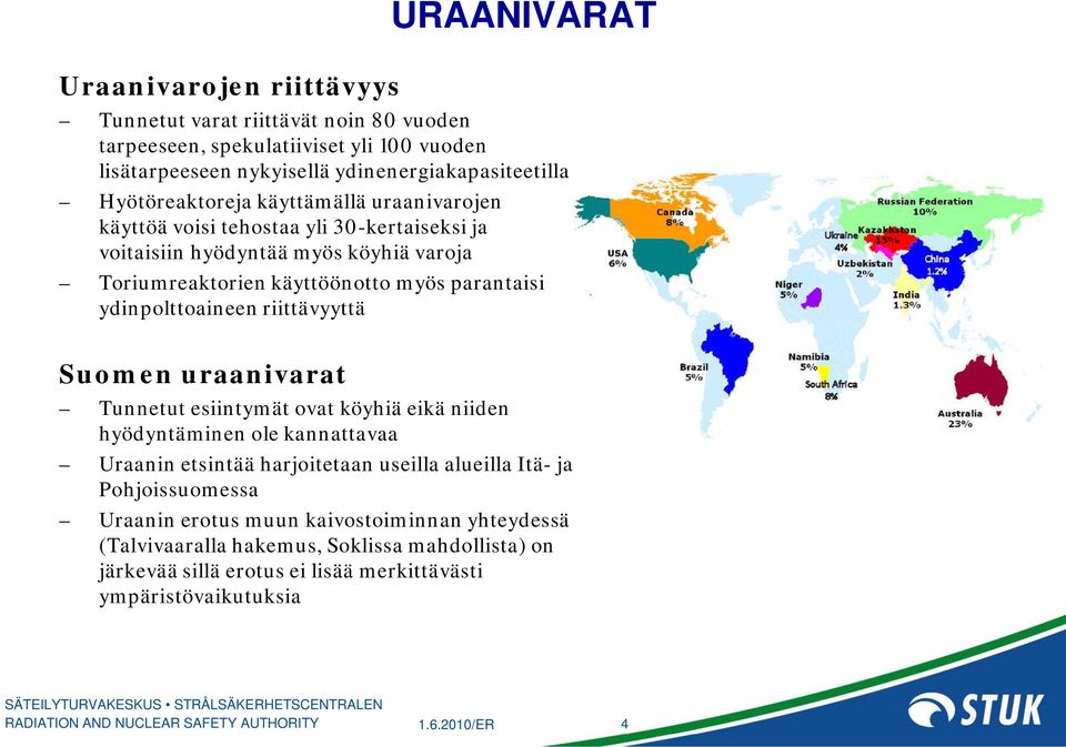 ydinpolttoaineen riittävyyttä Suomen uraanivarat Tunnetut esiintymät ovat köyhiä eikä niiden hyödyntäminen ole kannattavaa Uraanin etsintää harjoitetaan useilla alueilla Itä-