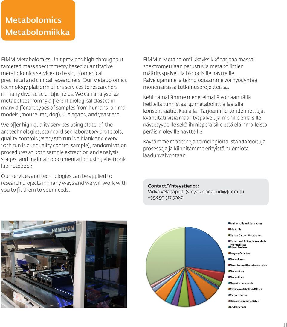 We can analyse 147 metabolites from 15 different biological classes in many different types of samples from humans, animal models (mouse, rat, dog), C.elegans, and yeast etc.