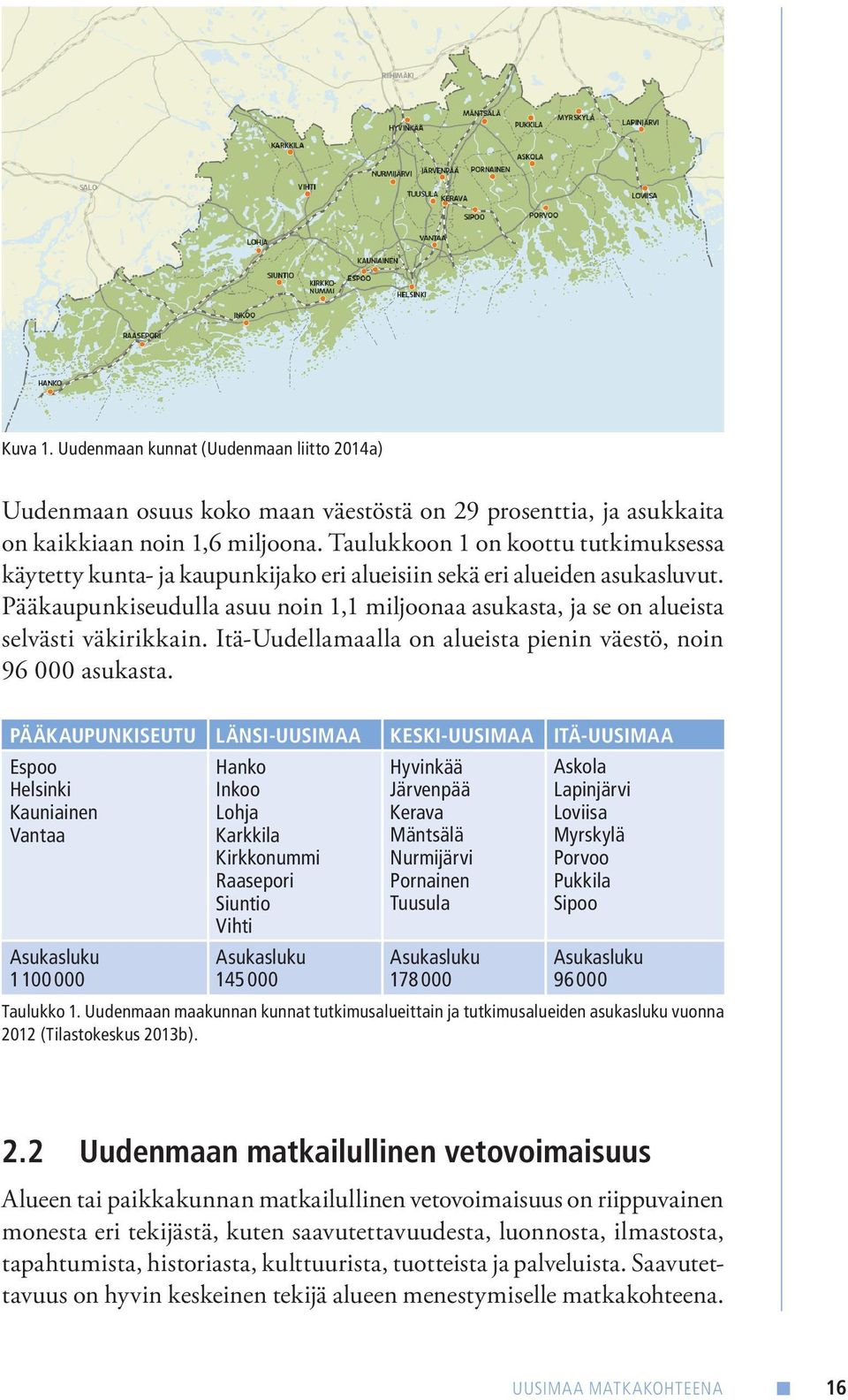 Pääkaupunkiseudulla asuu noin 1,1 miljoonaa asukasta, ja se on alueista selvästi väkirikkain. Itä-Uudellamaalla on alueista pienin väestö, noin 96 000 asukasta.