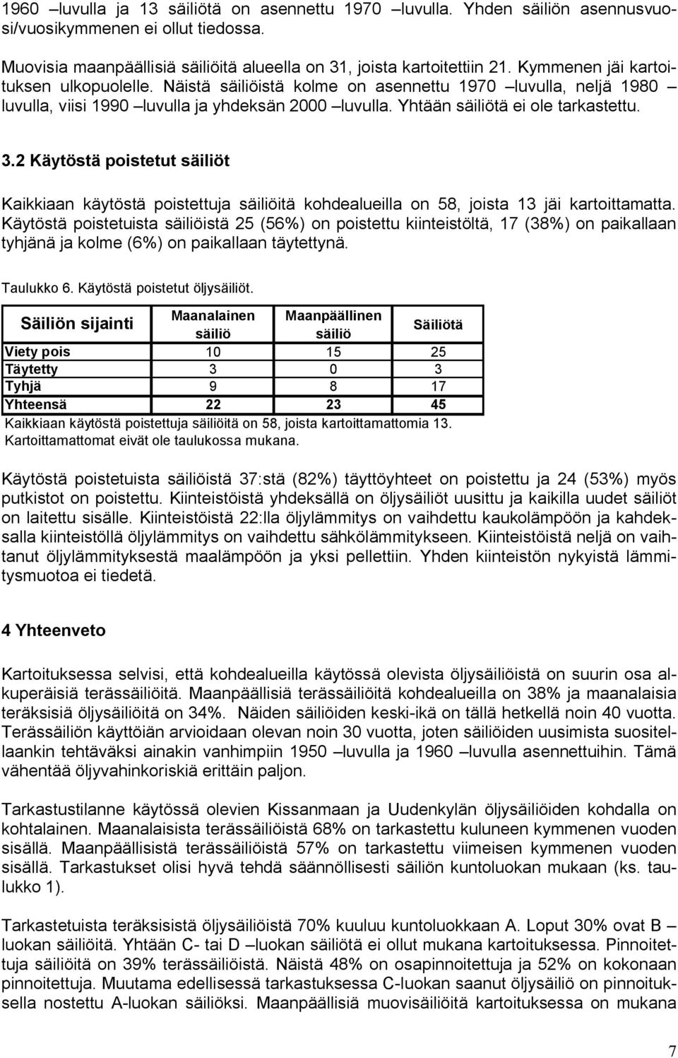 2 Käytöstä poistetut säiliöt Kaikkiaan käytöstä poistettuja säiliöitä kohdealueilla on 58, joista 13 jäi kartoittamatta.