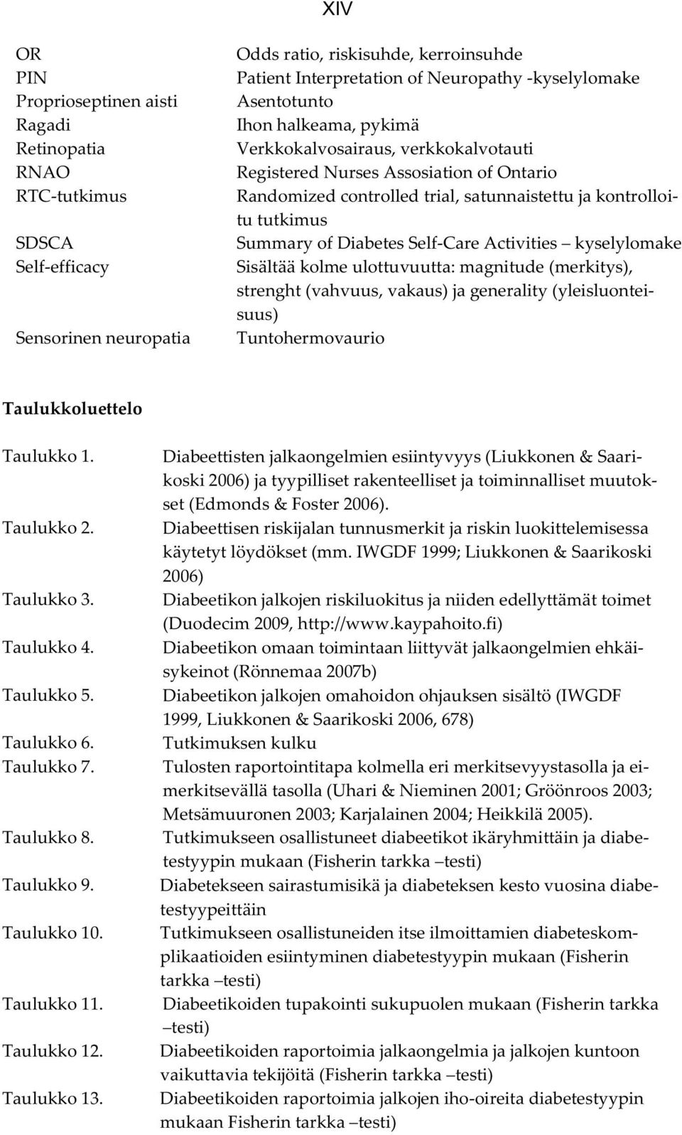 Diabetes Self-Care Activities kyselylomake Sisältää kolme ulottuvuutta: magnitude (merkitys), strenght (vahvuus, vakaus) ja generality (yleisluonteisuus) Tuntohermovaurio Taulukkoluettelo Taulukko 1.