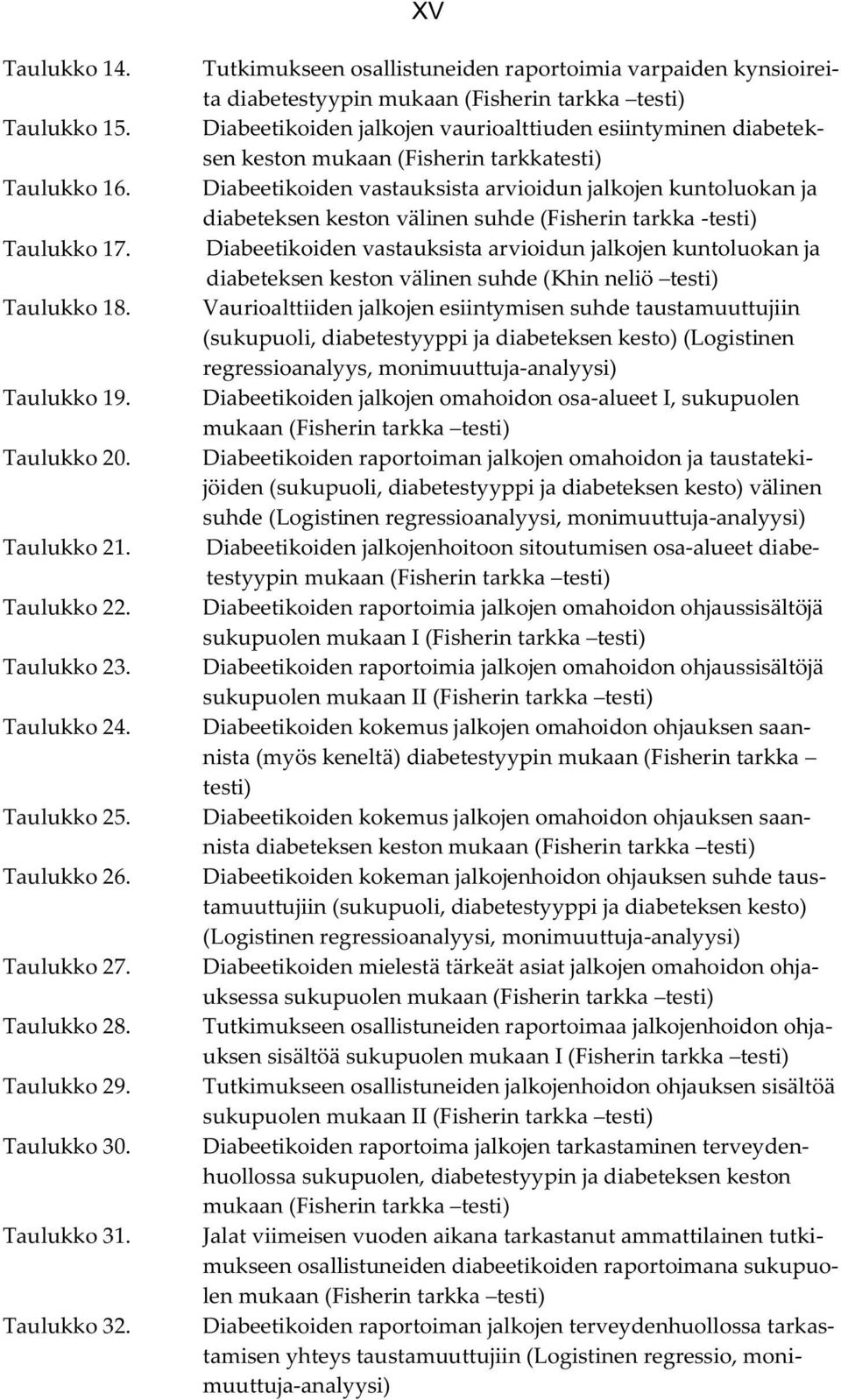 Tutkimukseen osallistuneiden raportoimia varpaiden kynsioireita diabetestyypin mukaan (Fisherin tarkka testi) Diabeetikoiden jalkojen vaurioalttiuden esiintyminen diabeteksen keston mukaan (Fisherin