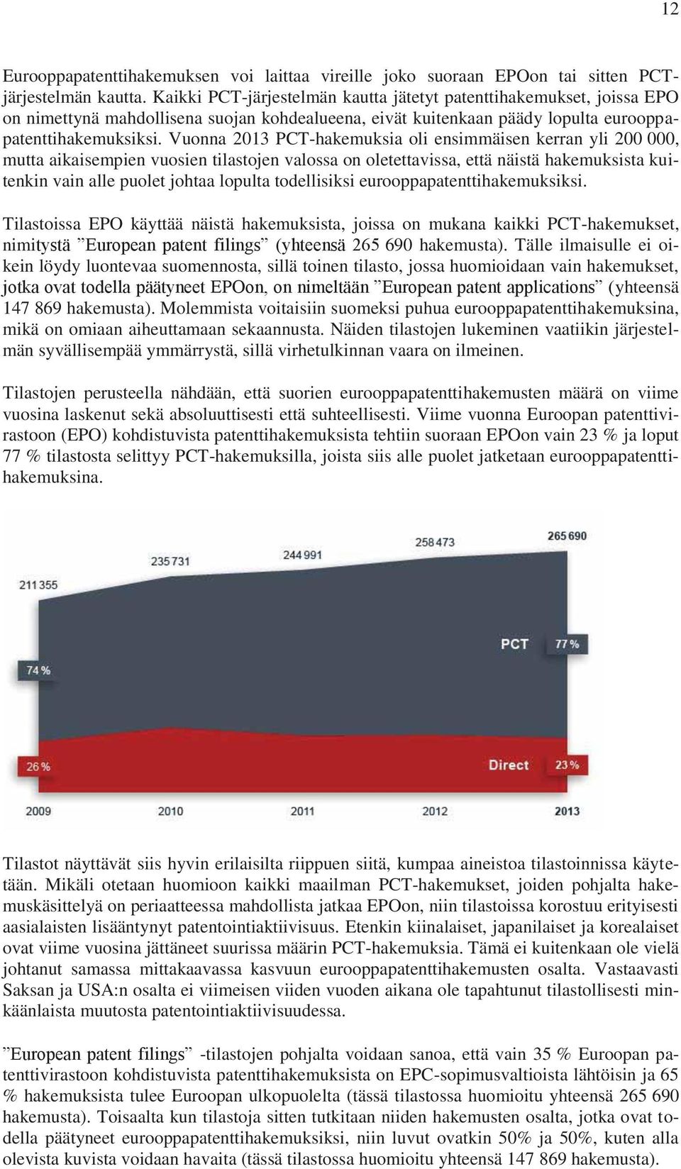 Vuonna 2013 PCT-hakemuksia oli ensimmäisen kerran yli 200 000, mutta aikaisempien vuosien tilastojen valossa on oletettavissa, että näistä hakemuksista kuitenkin vain alle puolet johtaa lopulta