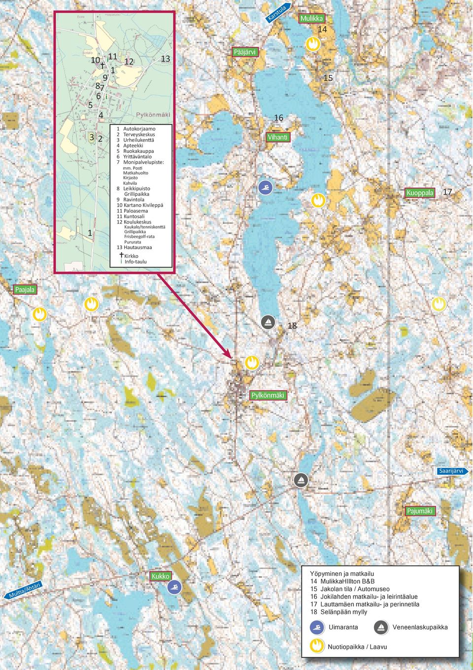 Frisbeegolf-rata Pururata 13 Hautausmaa Kirkko i Info-taulu Pääjärvi 16 Vihanti 15 Kuoppala 17 Paajala 18 Pylkönmäki Saarijärvi Pajumäki Multia/Ähtäri Kukko Yöpyminen ja matkailu 14