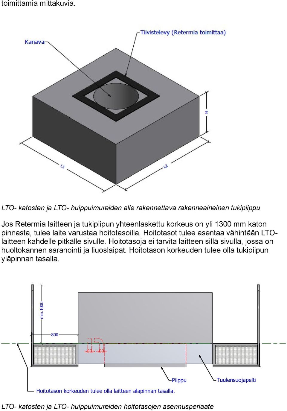 yhteenlaskettu korkeus on yli 1300 mm katon pinnasta, tulee laite varustaa hoitotasoilla.