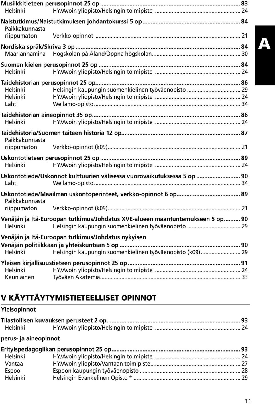 .. 24 Taidehistorian perusopinnot 25 op... 86 Helsinki Helsingin kaupungin suomenkielinen työväenopisto... 29 Helsinki HY/Avoin yliopisto/helsingin toimipiste... 24 Lahti Wellamo-opisto.