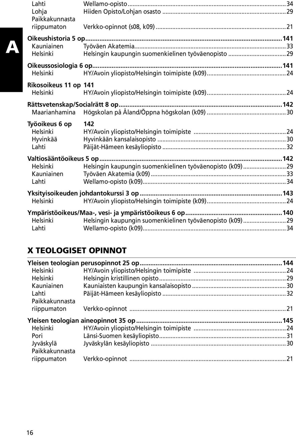 ..24 Rikosoikeus 11 op 141 Helsinki HY/Avoin yliopisto/helsingin toimipiste (k09)...24 Rättsvetenskap/Socialrätt 8 op...142 Maarianhamina Högskolan på Åland/Öppna högskolan (k09).