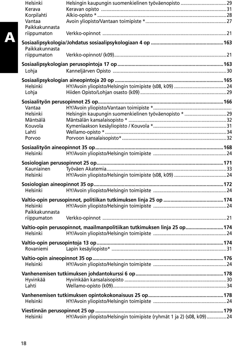 ..21 Sosiaalipsykologian perusopintoja 17 op...163 Lohja Kanneljärven Opisto...30 Sosiaalipsykologian aineopintoja 20 op...165 Helsinki HY/Avoin yliopisto/helsingin toimipiste (s08, k09).