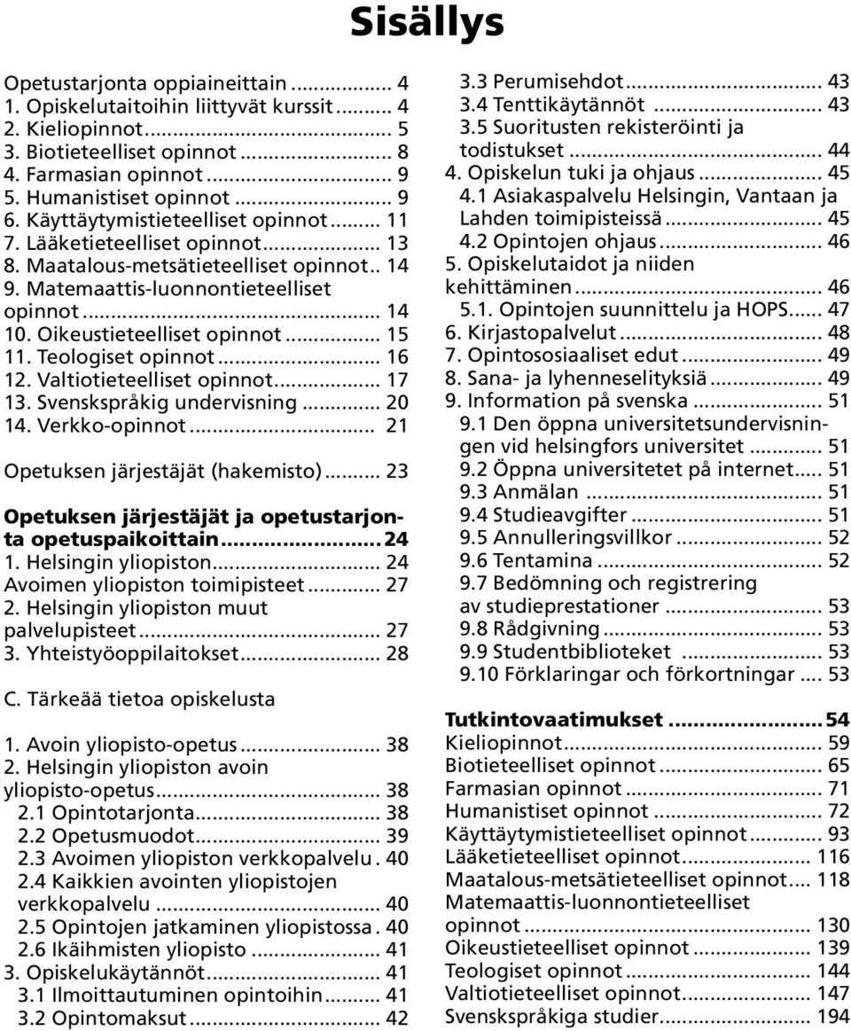 .. 15 11. Teologiset opinnot... 16 12. Valtiotieteelliset opinnot... 17 13. Svenskspråkig undervisning... 20 14. Verkko-opinnot... 21 Opetuksen järjestäjät (hakemisto).