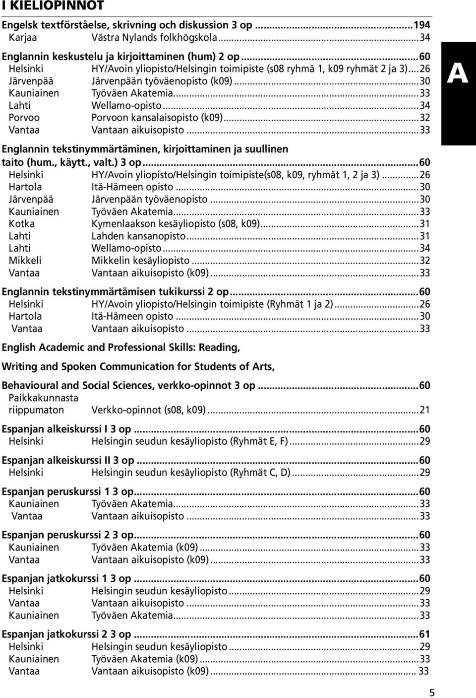 ..34 Porvoo Porvoon kansalaisopisto (k09)...32 Vantaa Vantaan aikuisopisto...33 Englannin tekstinymmärtäminen, kirjoittaminen ja suullinen taito (hum., käytt., valt.) 3 op.