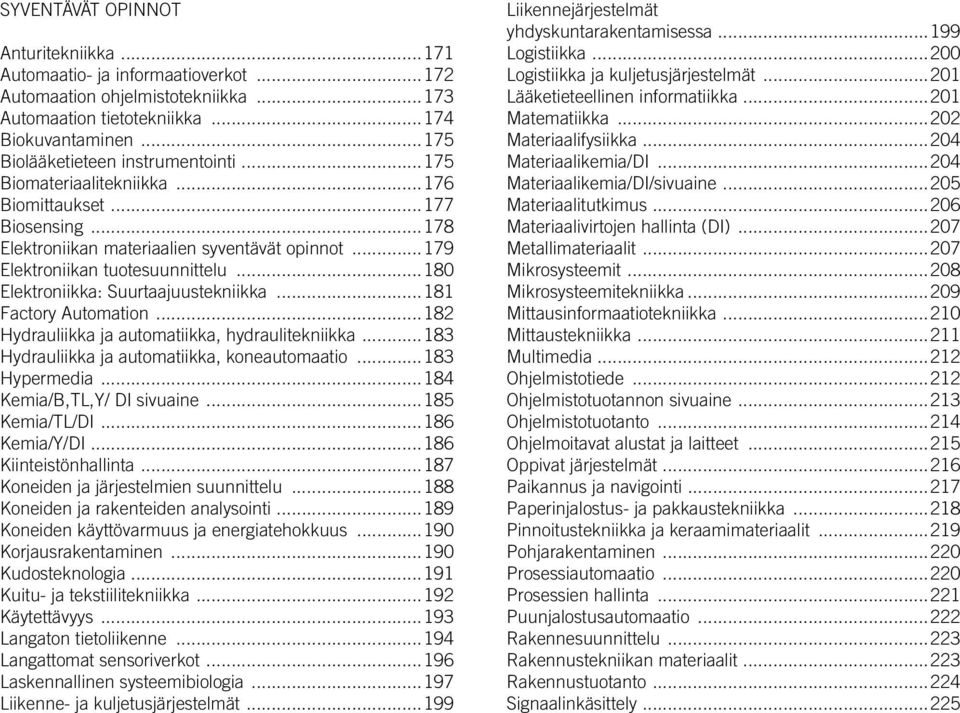 ..180 Elektroniikka: Suurtaajuustekniikka...181 Factory Automation...182 Hydrauliikka ja automatiikka, hydraulitekniikka...183 Hydrauliikka ja automatiikka, koneautomaatio...183 Hypermedia.