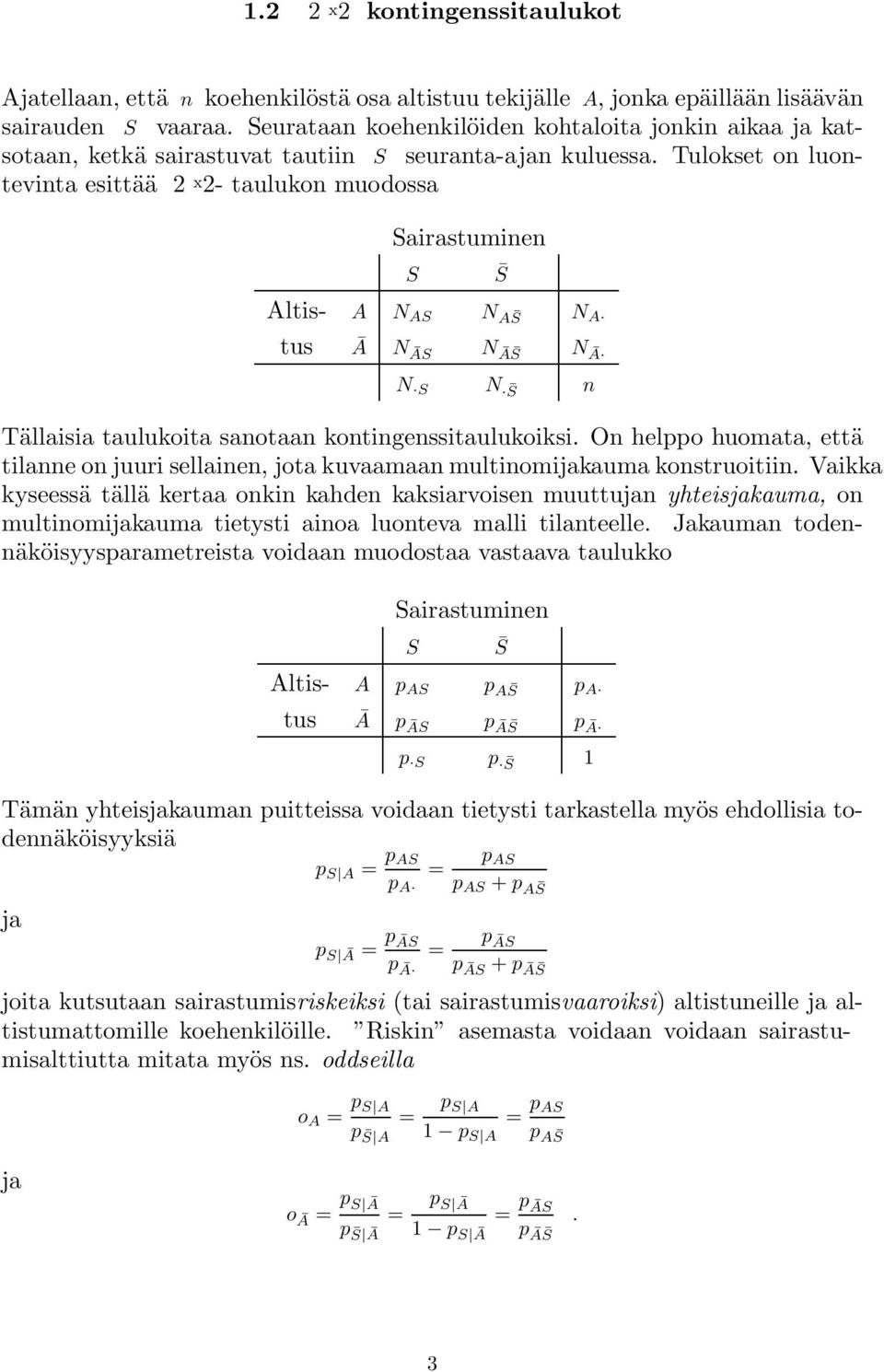 Tulokset on luontevinta esittää 2 x 2- taulukon muodossa Sairastuminen S S Altis- A N AS N A S N A tus Ā N ĀS N Ā S N Ā N S N S n Tällaisia taulukoita sanotaan kontingenssitaulukoiksi.