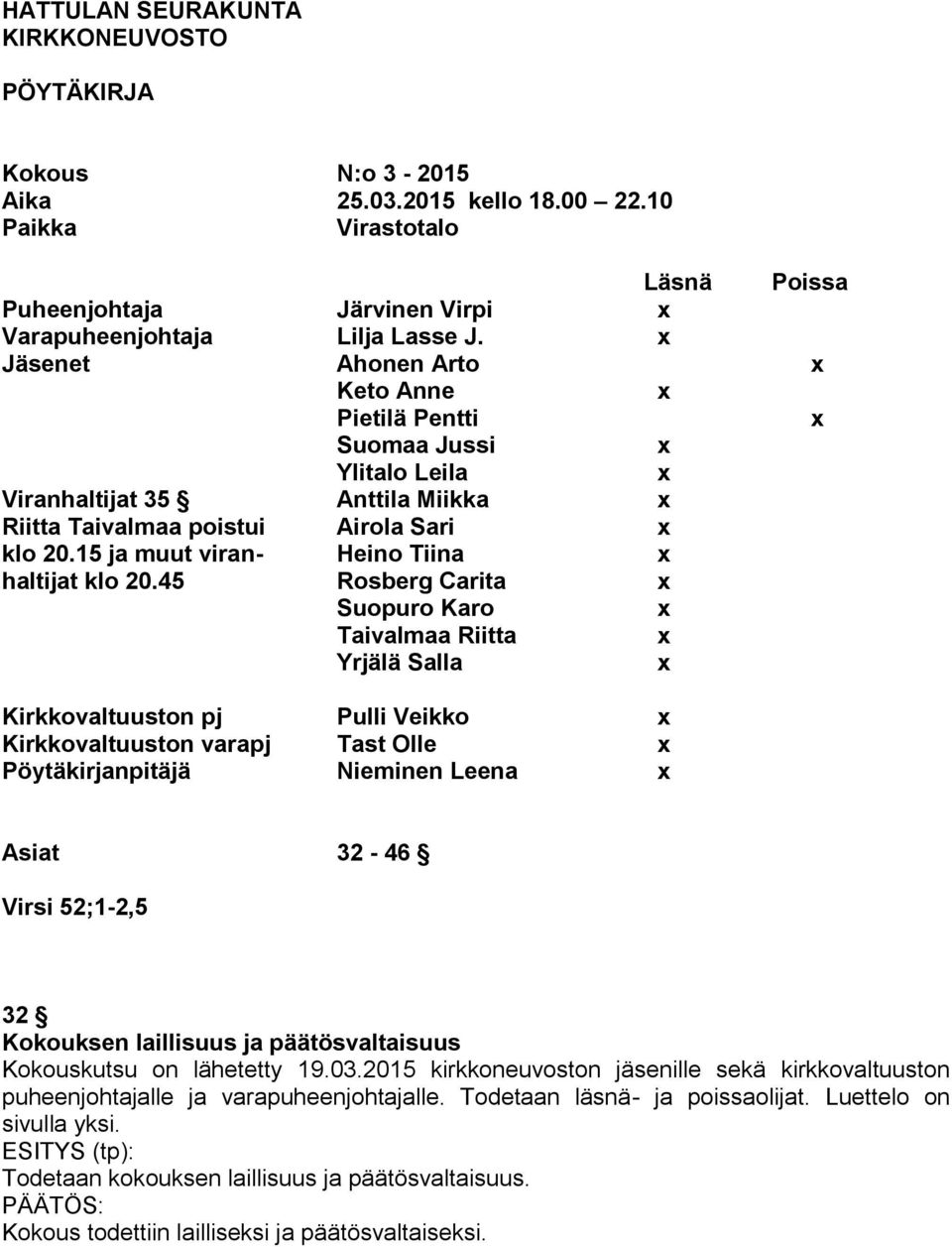 45 Rosberg Carita Suopuro Karo Taivalmaa Riitta Yrjälä Salla Kirkkovaltuuston pj Pulli Veikko Kirkkovaltuuston varapj Tast Olle Pöytäkirjanpitäjä Nieminen Leena Asiat 32-46 Virsi 52;1-2,5 32