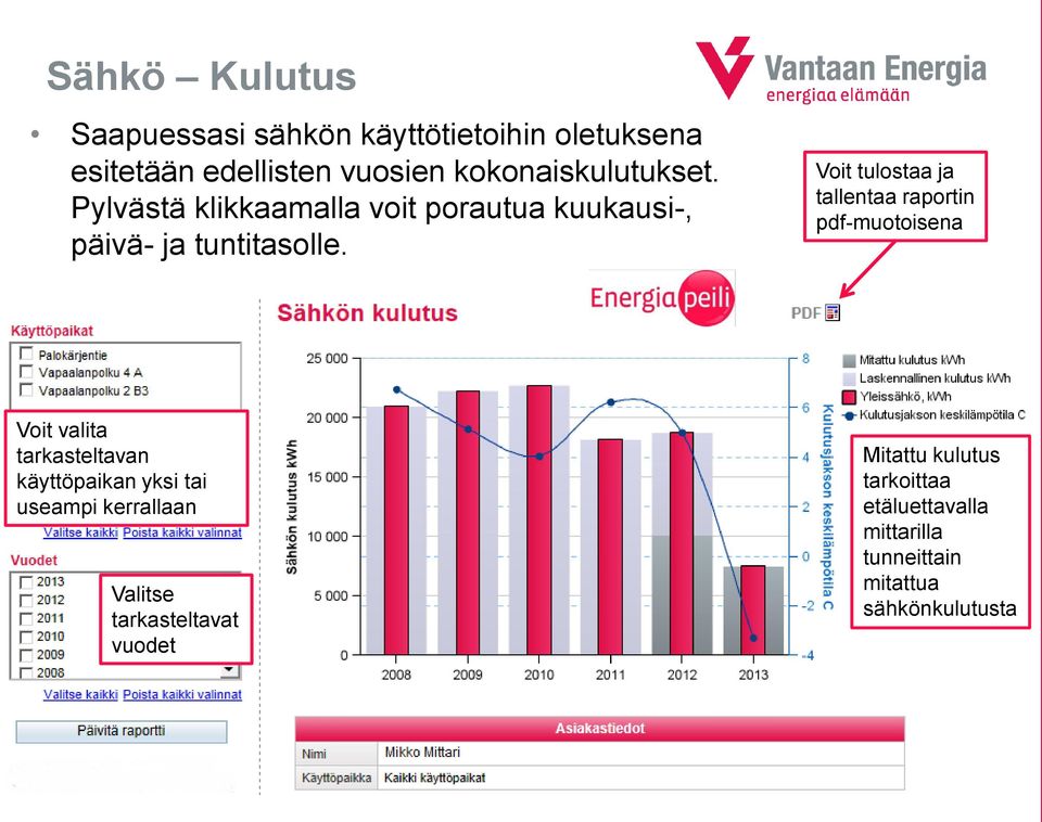 Voit tulostaa ja tallentaa raportin pdf-muotoisena Voit valita tarkasteltavan käyttöpaikan yksi tai useampi