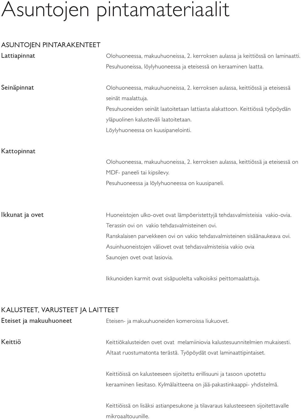 Pesuhuoneiden seinät laatoitetaan lattiasta alakattoon. Keittiössä työpöydän yläpuolinen kalusteväli laatoitetaan. Löylyhuoneessa on kuusipanelointi. Kattopinnat Olohuoneessa, makuuhuoneissa, 2.