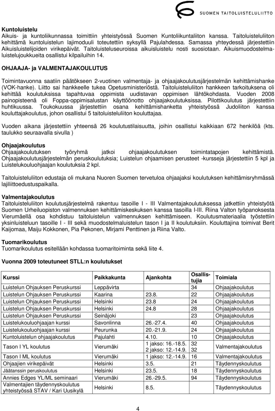 OHJAAJA- ja VALMENTAJAKOULUTUS Toimintavuonna saatiin päätökseen 2-vuotinen valmentaja- ja ohjaajakoulutusjärjestelmän kehittämishanke (VOK-hanke). Liitto sai hankkeelle tukea Opetusministeriöstä.