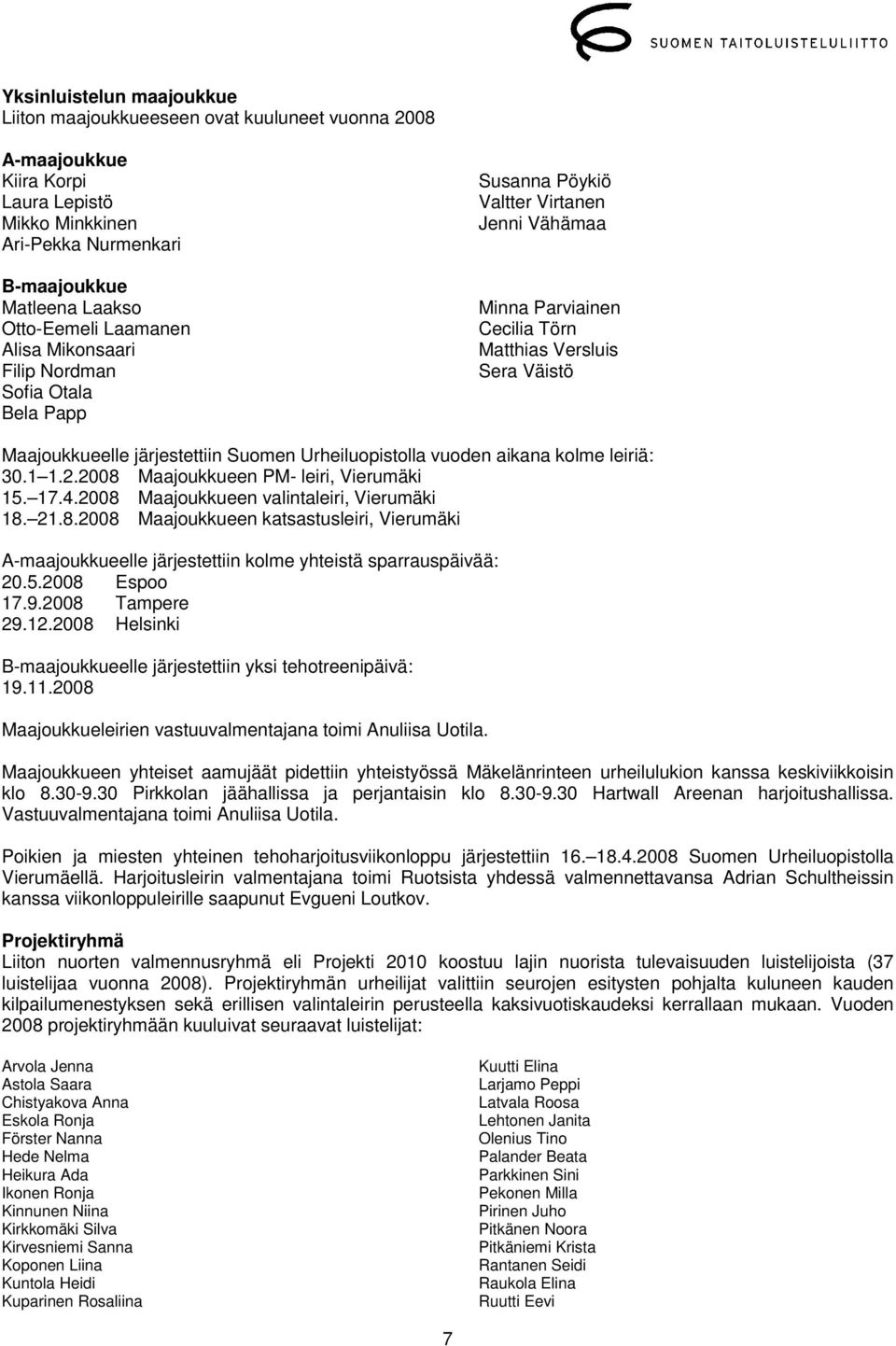 Suomen Urheiluopistolla vuoden aikana kolme leiriä: 30.1 1.2.2008 Maajoukkueen PM- leiri, Vierumäki 15. 17.4.2008 Maajoukkueen valintaleiri, Vierumäki 18. 21.8.2008 Maajoukkueen katsastusleiri, Vierumäki A-maajoukkueelle järjestettiin kolme yhteistä sparrauspäivää: 20.