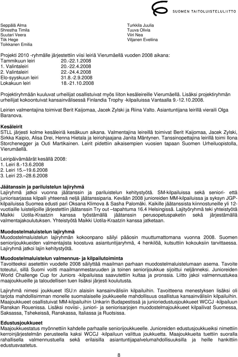 2008 Projektiryhmään kuuluvat urheilijat osallistuivat myös liiton kesäleireille Vierumäellä.