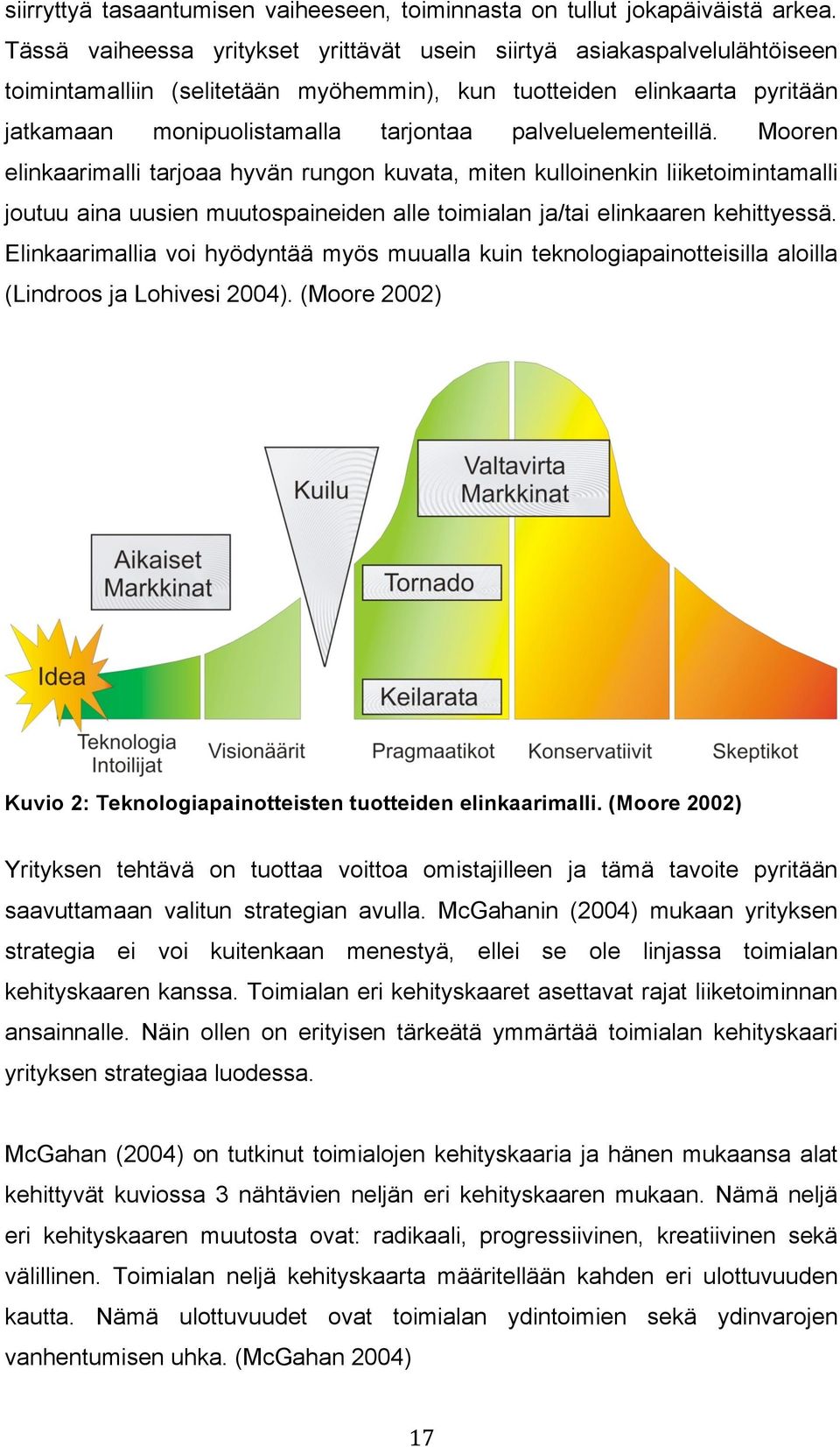 palveluelementeillä. Mooren elinkaarimalli tarjoaa hyvän rungon kuvata, miten kulloinenkin liiketoimintamalli joutuu aina uusien muutospaineiden alle toimialan ja/tai elinkaaren kehittyessä.