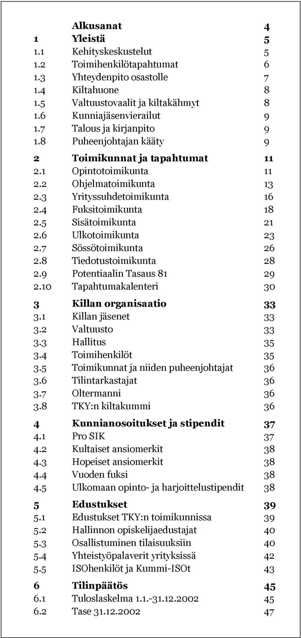 5 Sisätoimikunta 21 2.6 Ulkotoimikunta 23 2.7 Sössötoimikunta 26 2.8 Tiedotustoimikunta 28 2.9 Potentiaalin Tasaus 81 29 2.10 Tapahtumakalenteri 30 3 Killan organisaatio 33 3.1 Killan jäsenet 33 3.