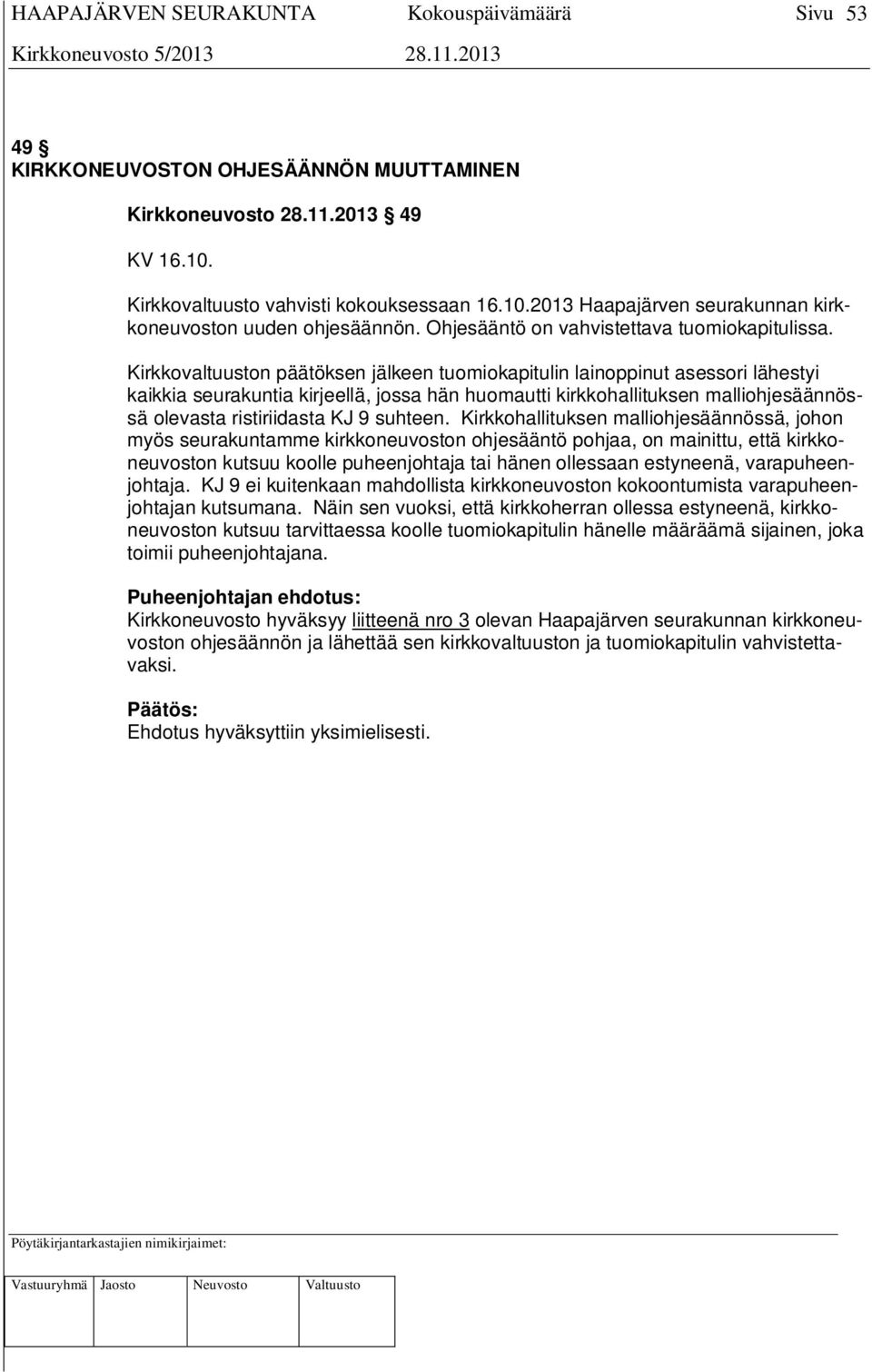 Kirkkovaltuuston päätöksen jälkeen tuomiokapitulin lainoppinut asessori lähestyi kaikkia seurakuntia kirjeellä, jossa hän huomautti kirkkohallituksen malliohjesäännössä olevasta ristiriidasta KJ 9