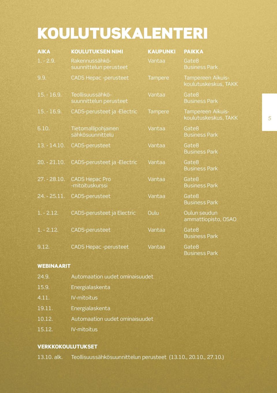 Tietomallipohjainen Vantaa Gate8 sähkösuunnittelu Business Park 5 13. - 14.10. CADS-perusteet Vantaa Gate8 Business Park 20. - 21.10. CADS-perusteet ja -Electric Vantaa Gate8 Business Park 27. - 28.