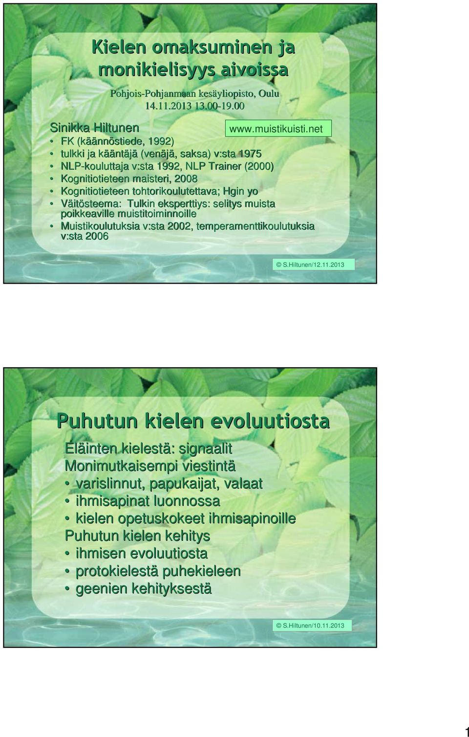 yo Väitösteema: Tulkin eksperttiys: selitys muista poikkeaville muistitoiminnoille Muistikoulutuksia v:sta 2002, temperamenttikoulutuksia v:sta 2006 S.Hiltunen/12.11.