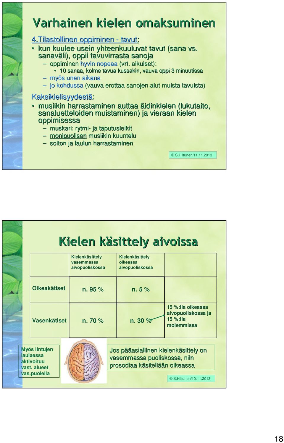äidinkielen (lukutaito, sanaluetteloiden muistaminen) ja vieraan kielen oppimisessa muskari: rytmi- ja taputusleikit monipuolisen musiikin kuuntelu soiton ja laulun harrastaminen S.Hiltunen/11.
